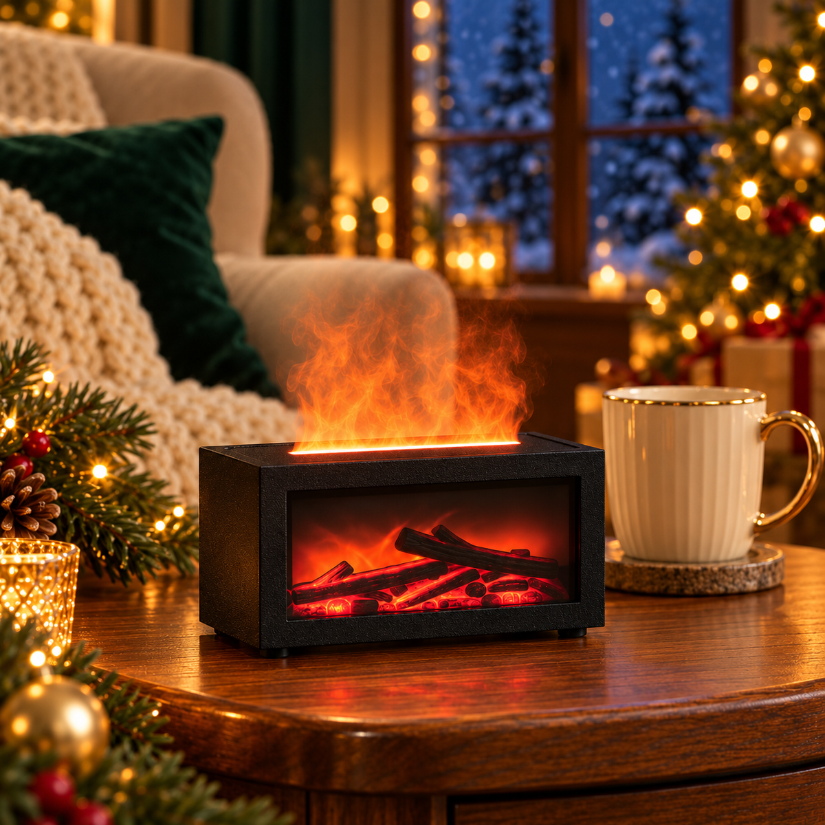 SantaFlame na stoliku w świątecznym salonie