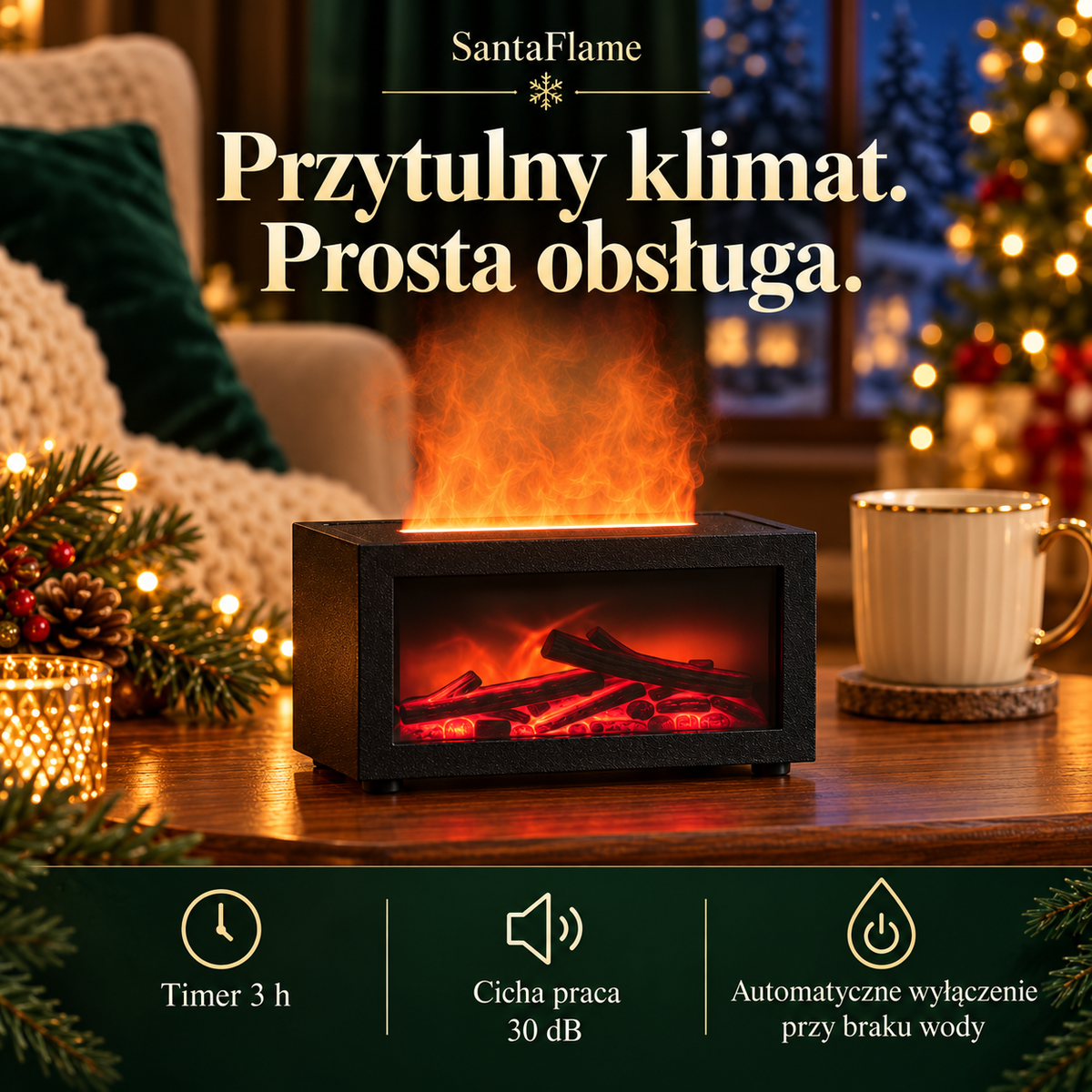 SantaFlame – timer 3 h, cicha praca 30 dB, automatyczne wyłączenie