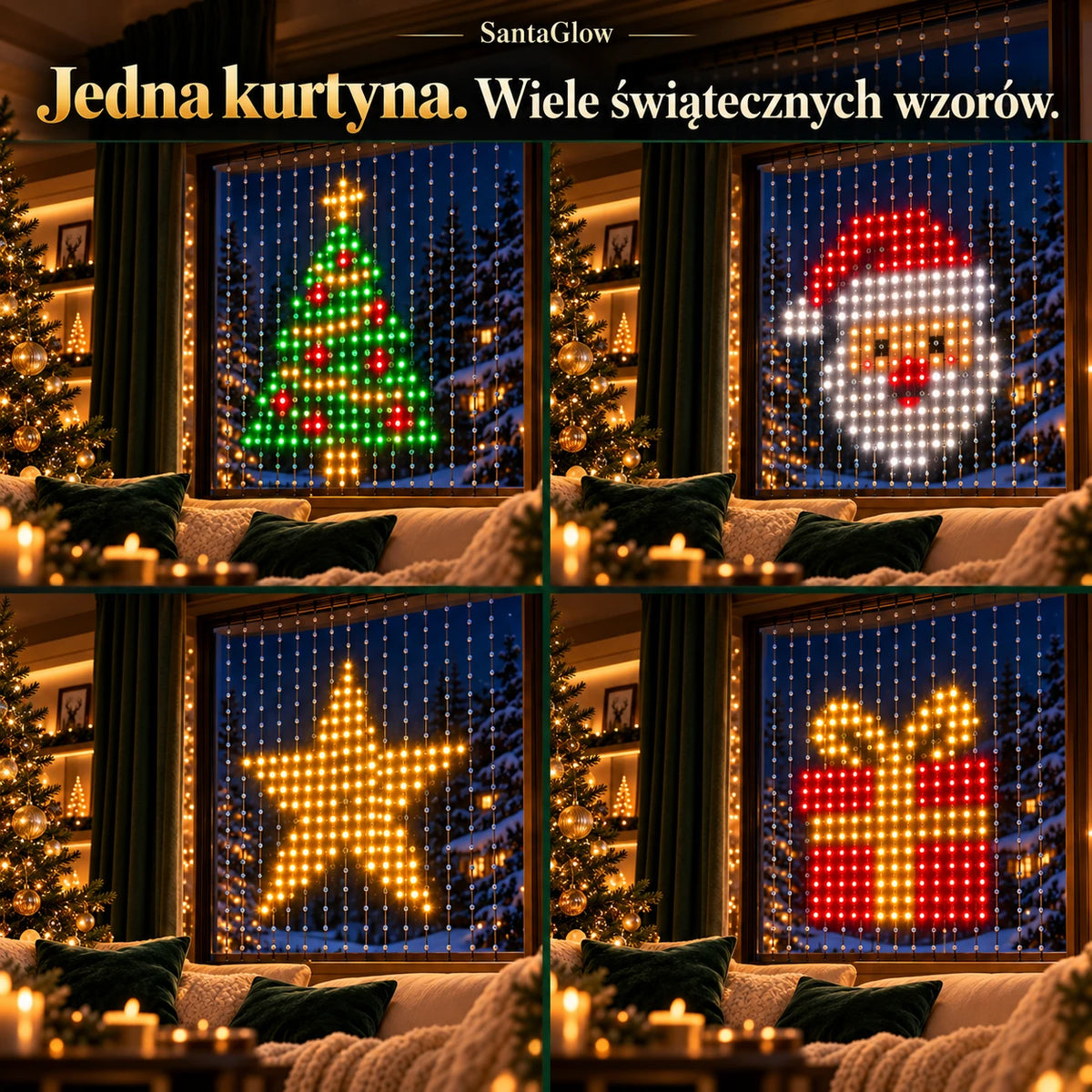SantaGlow – cztery świąteczne wzory: choinka, mikołaj, gwiazda, prezent