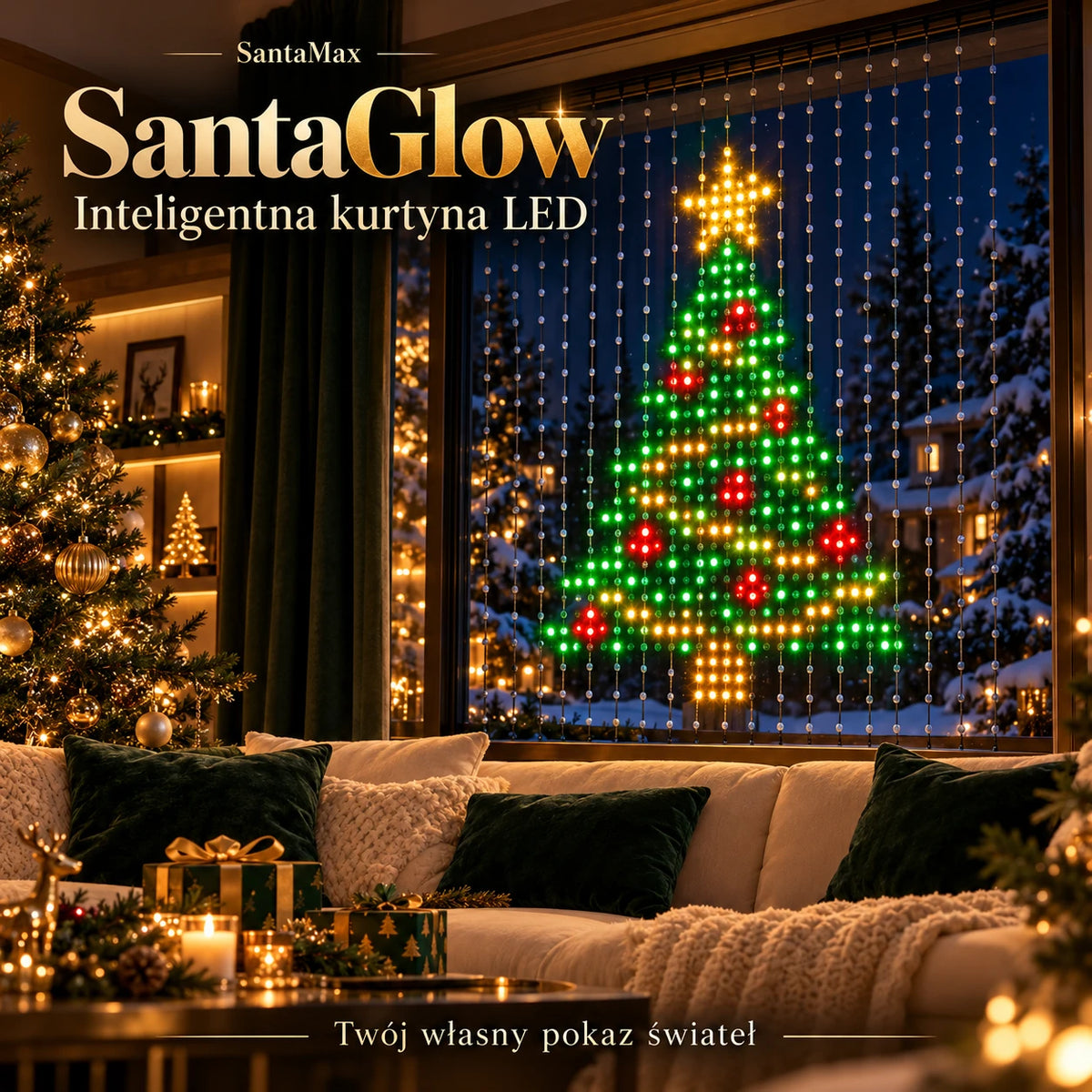SantaGlow – inteligentna kurtyna LED, choinka na oknie