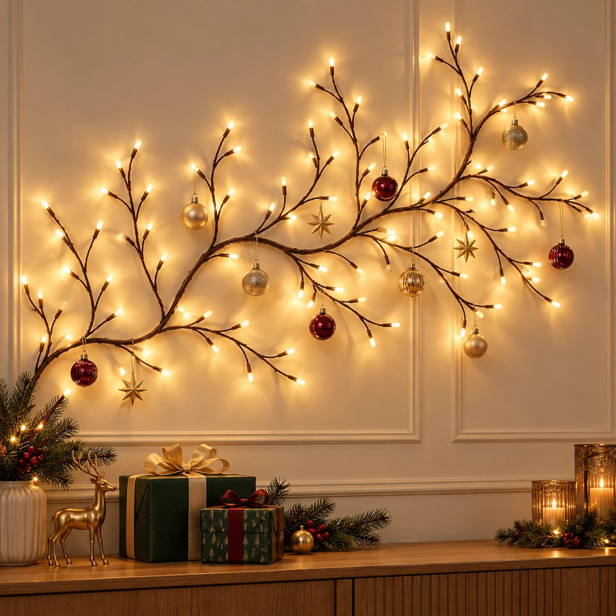 SantaTwig – gałązka LED z bombkami nad komodą